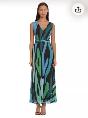 London Times NWT Abstract Pleated Maxi Dress Size 8 Green Teal Black Sleeveless